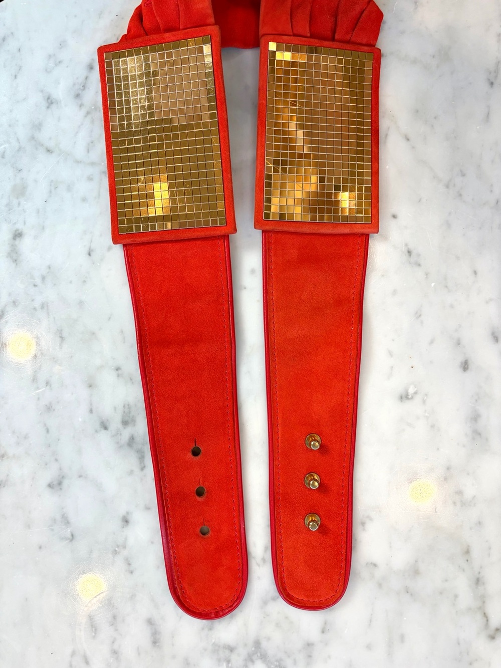 Miss Sixty VTG suede cummerbund belt, disco panels, peg/hole, 4”w, 31-34”, red - Picture 10 of 15